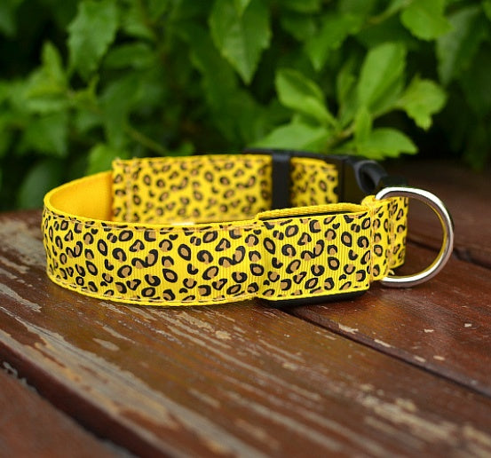 LED Dog Collar Safety Adjustable Nylon Leopard Pet Collar