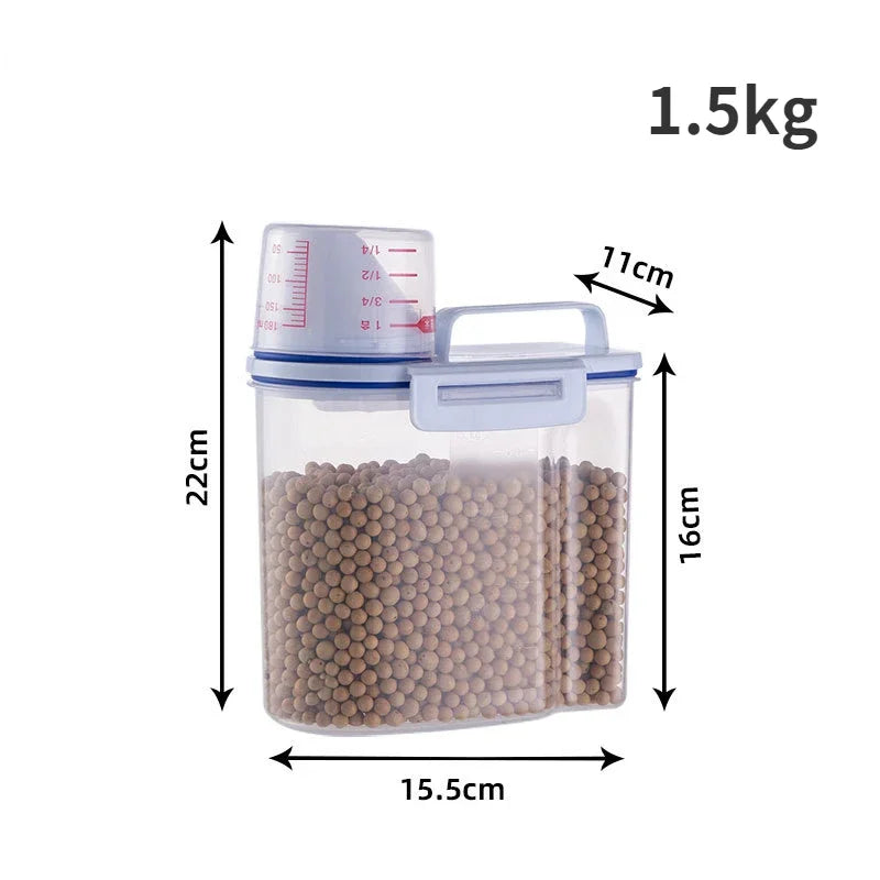 1.5kg/2kg Dog Cat Food Pail Plastic Storage Tank with Measuring Cup Container